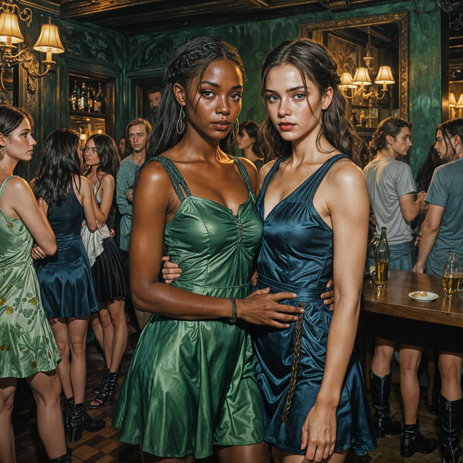 Ebony Vampire and European Woman Embrace, Oil Painting