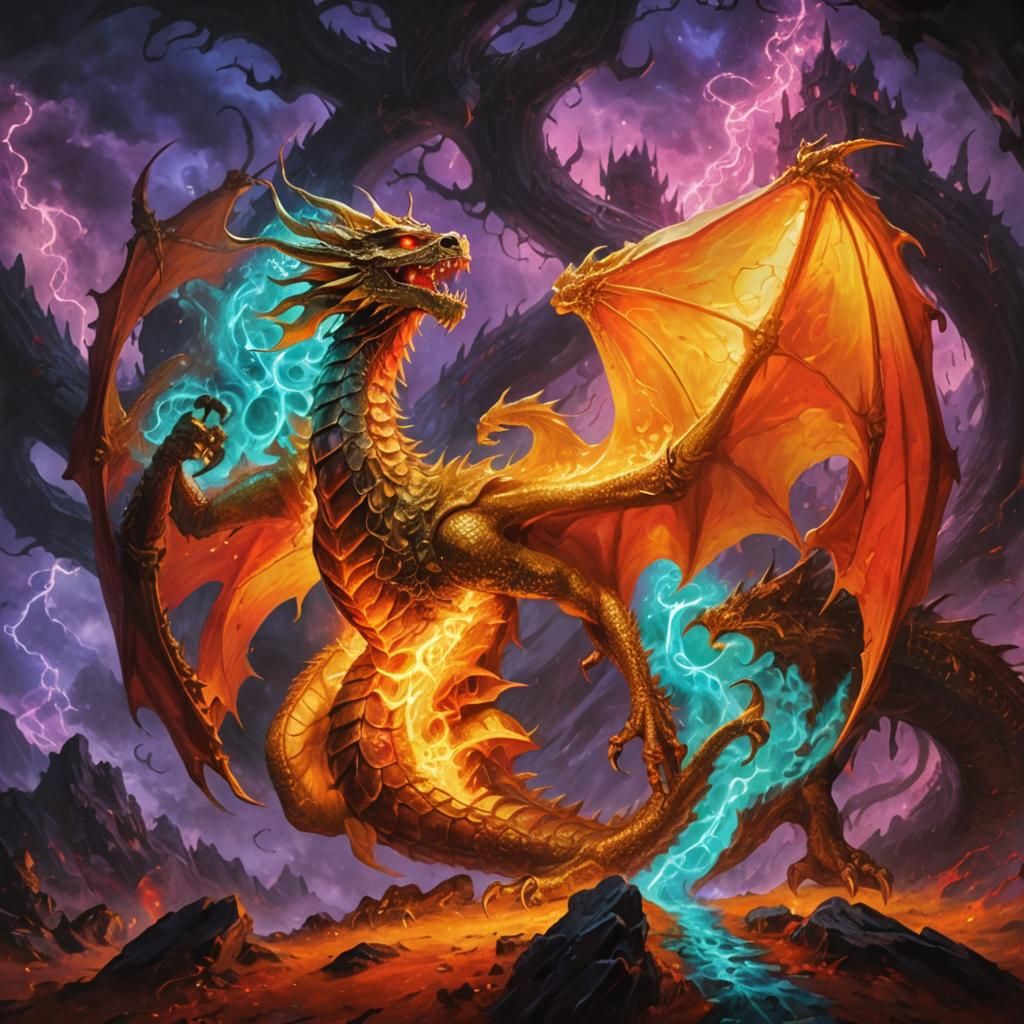 Golden Dragon and Skulls in Surreal Fantasy Art