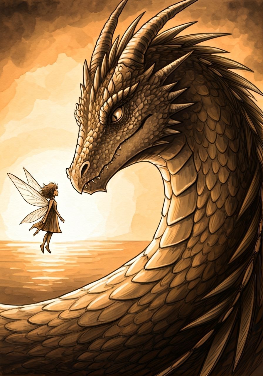 Dragon and Pixie Friendship at Sunset