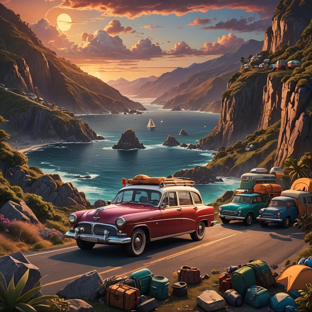 a vibrant AI image of a vintage car filled with camping gear...