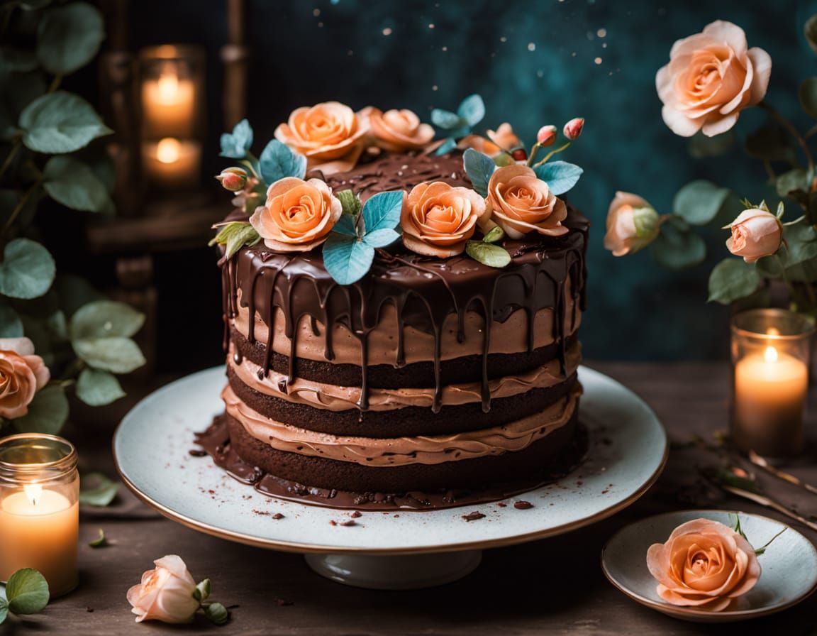 Fairytale Chocolate Cake with Sugar Roses and Cocoa Dust