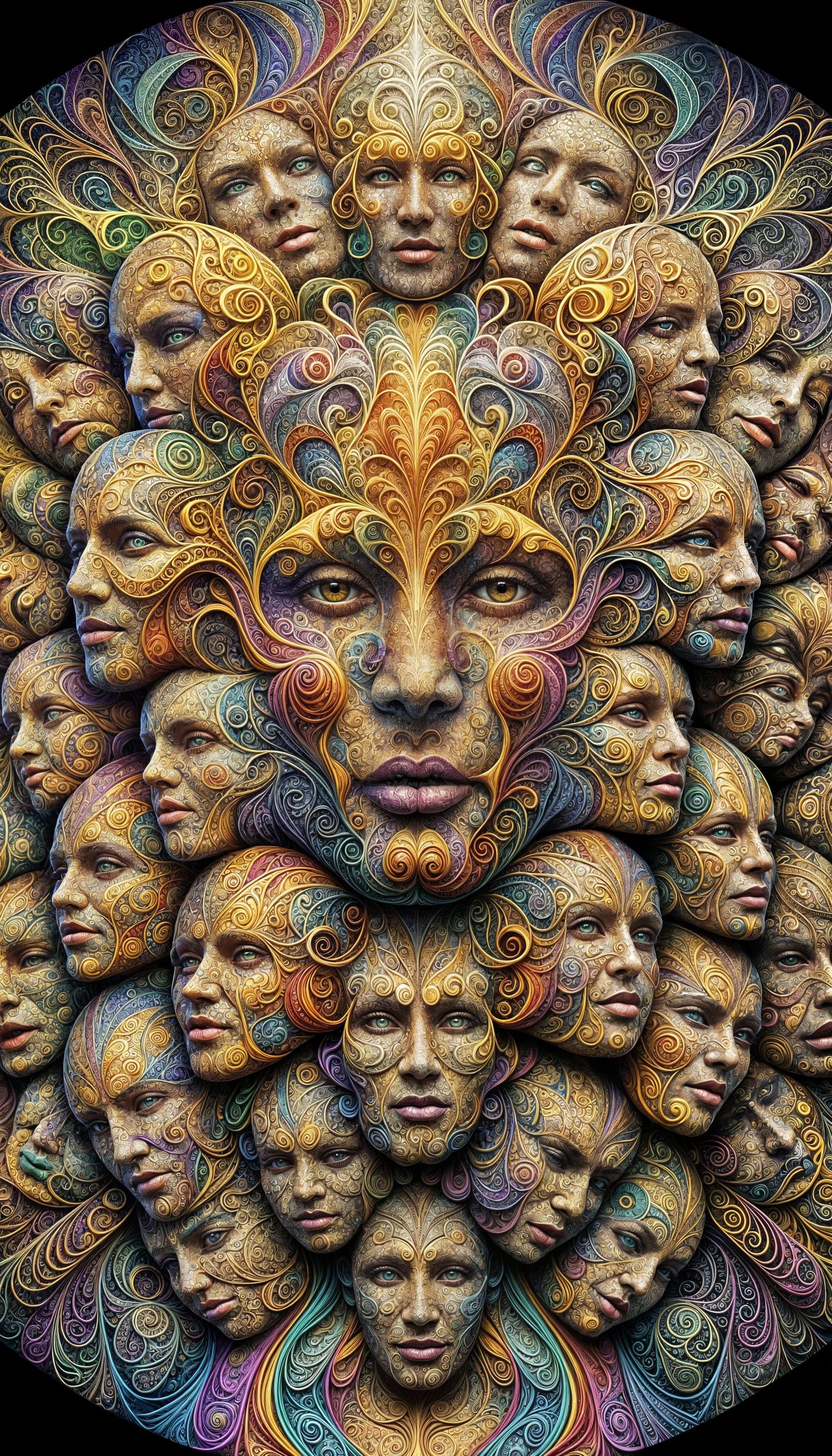 Vibrant Fractal Tapestry of Intricate Faces