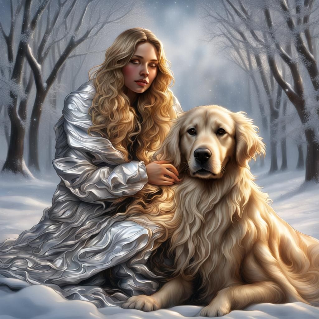 Metal Woman and Dog in Winter Landscape