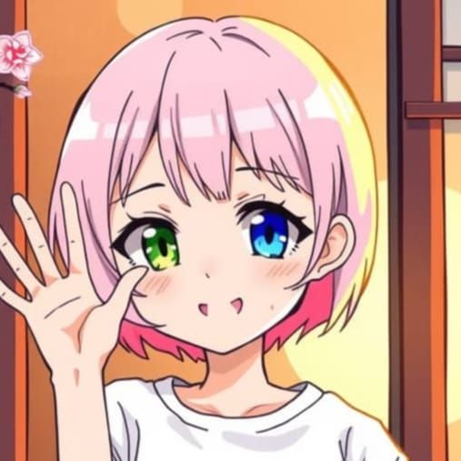 Anime Girl with Heterochromia Waving from Window