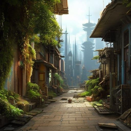 Slum Alley in Solarpunk Fantasy Style