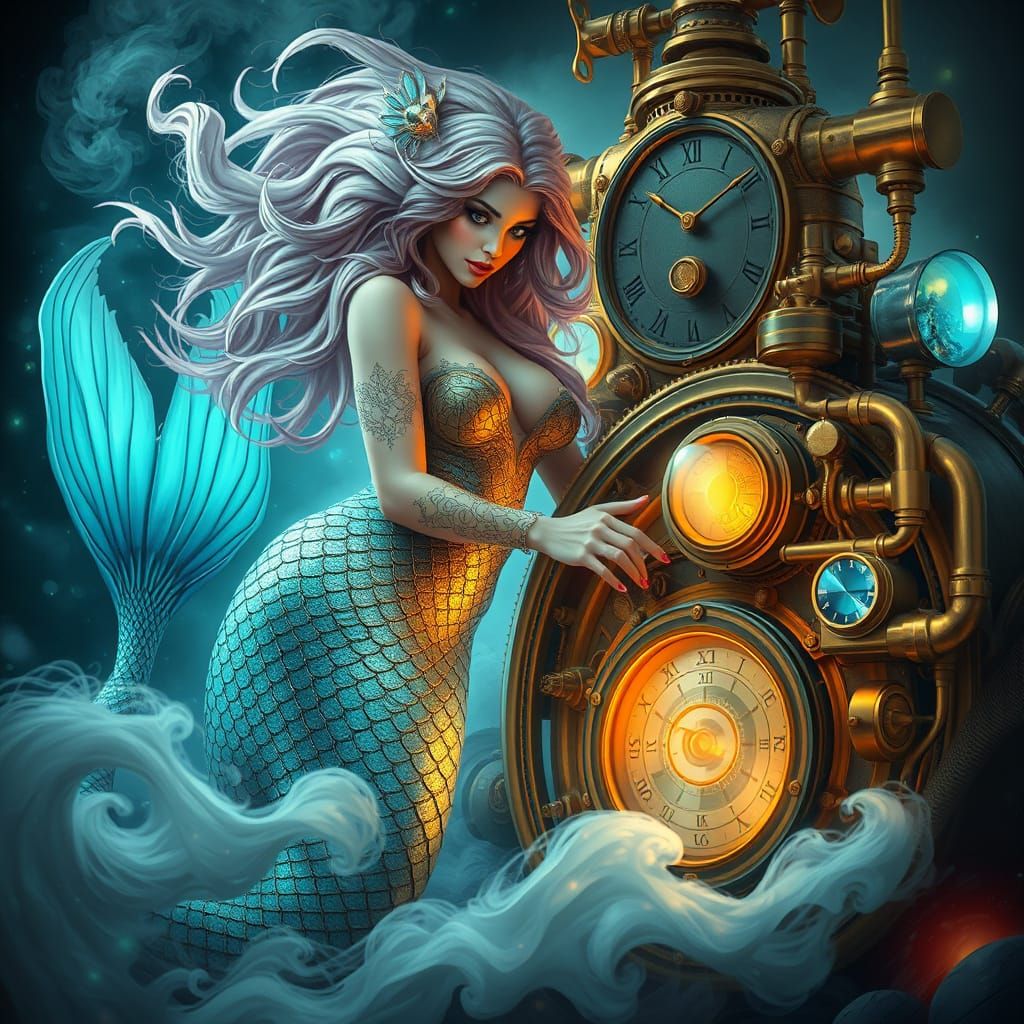 Surreal Steampunk Mermaid Tending Celestial Engine