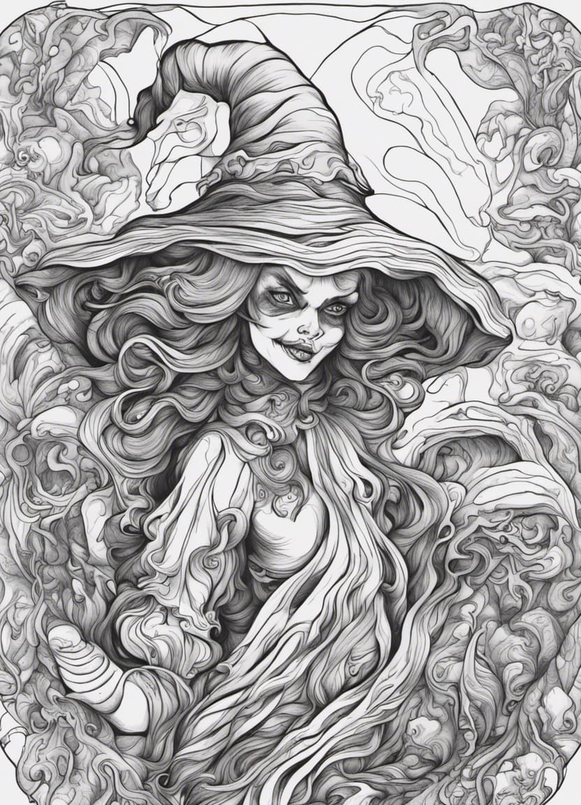 Scary Witches Coloring Page: Zentangle Line Art