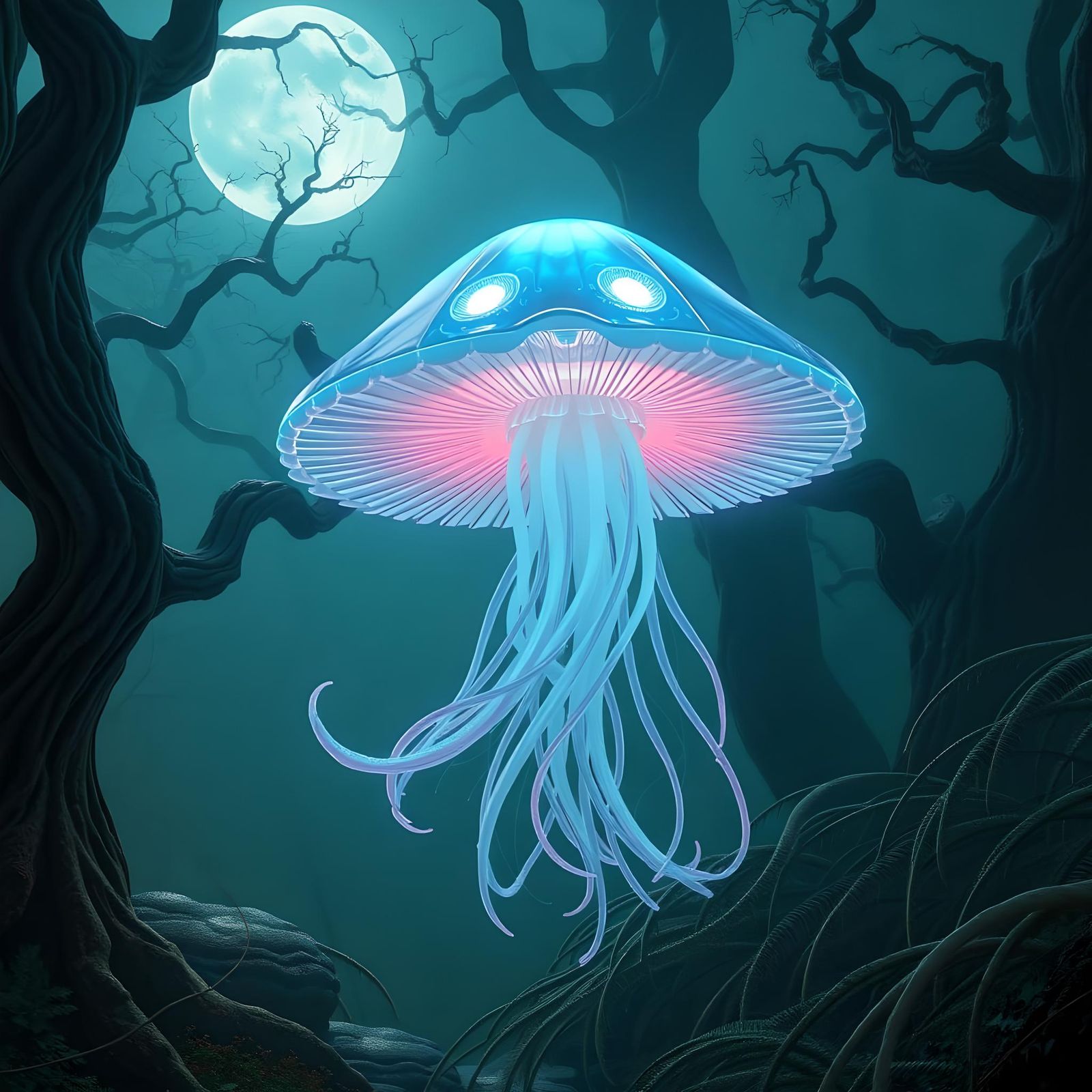 Bioluminescent Mushroom Jellyfish Creature in Forest