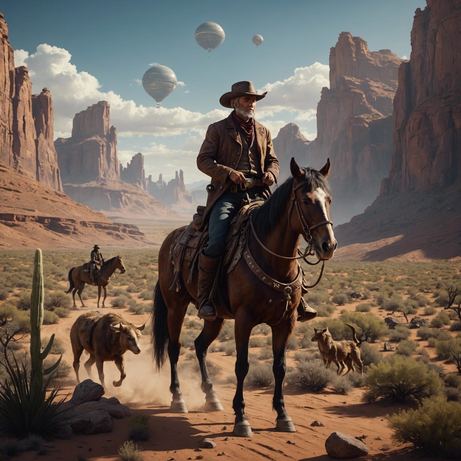 Cowboy Rides Alien Animals: Detailed Matte Painting
