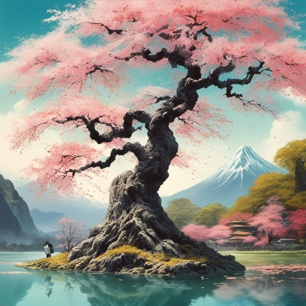 Ancient Sakura Tree by Lake with Temples