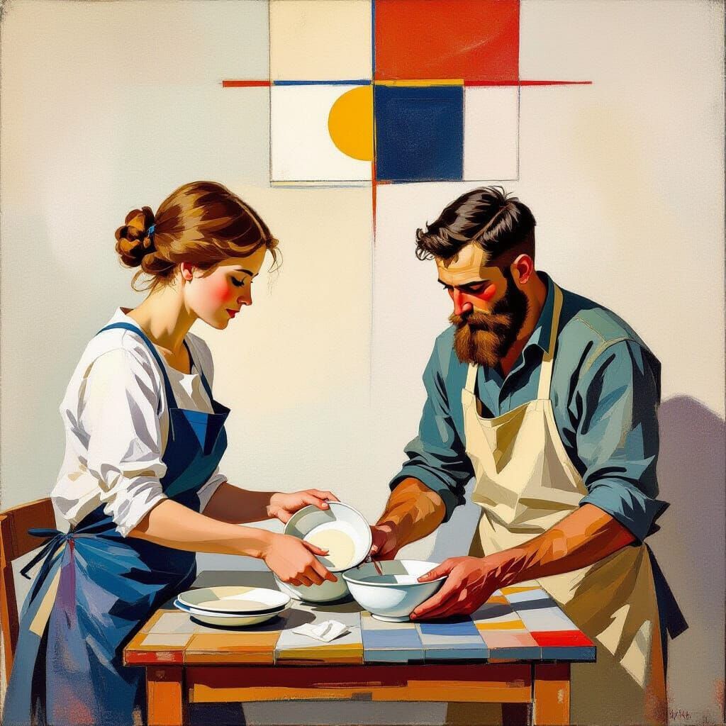Couple Washing Dishes in Abstract Style