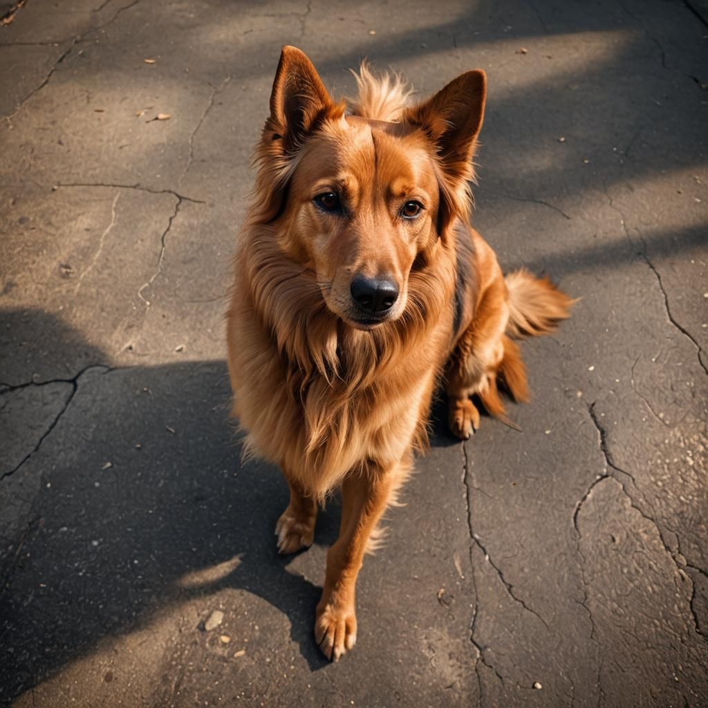 Hyperrealistic Portrait of a Caramel Dog with Furry Tail