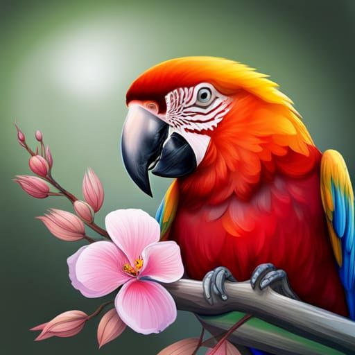 Parrot on Branch in Airbrush Illustration Style