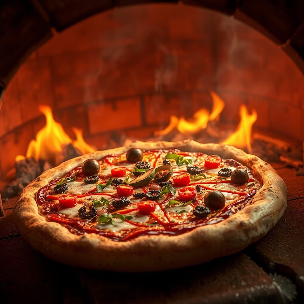 Hot Pizza with Toppings in Fantasy Art Style