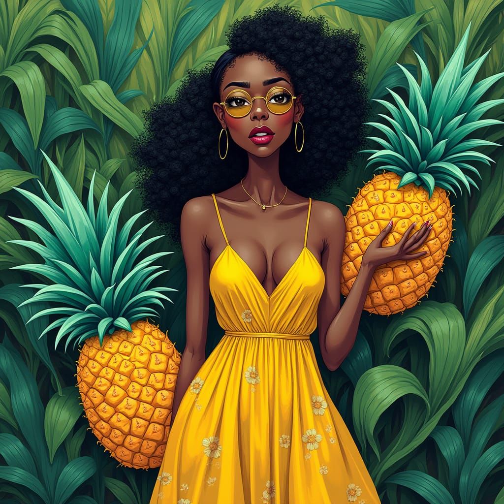 Black woman in Vibrant pineapple, surrounded by lush green l...