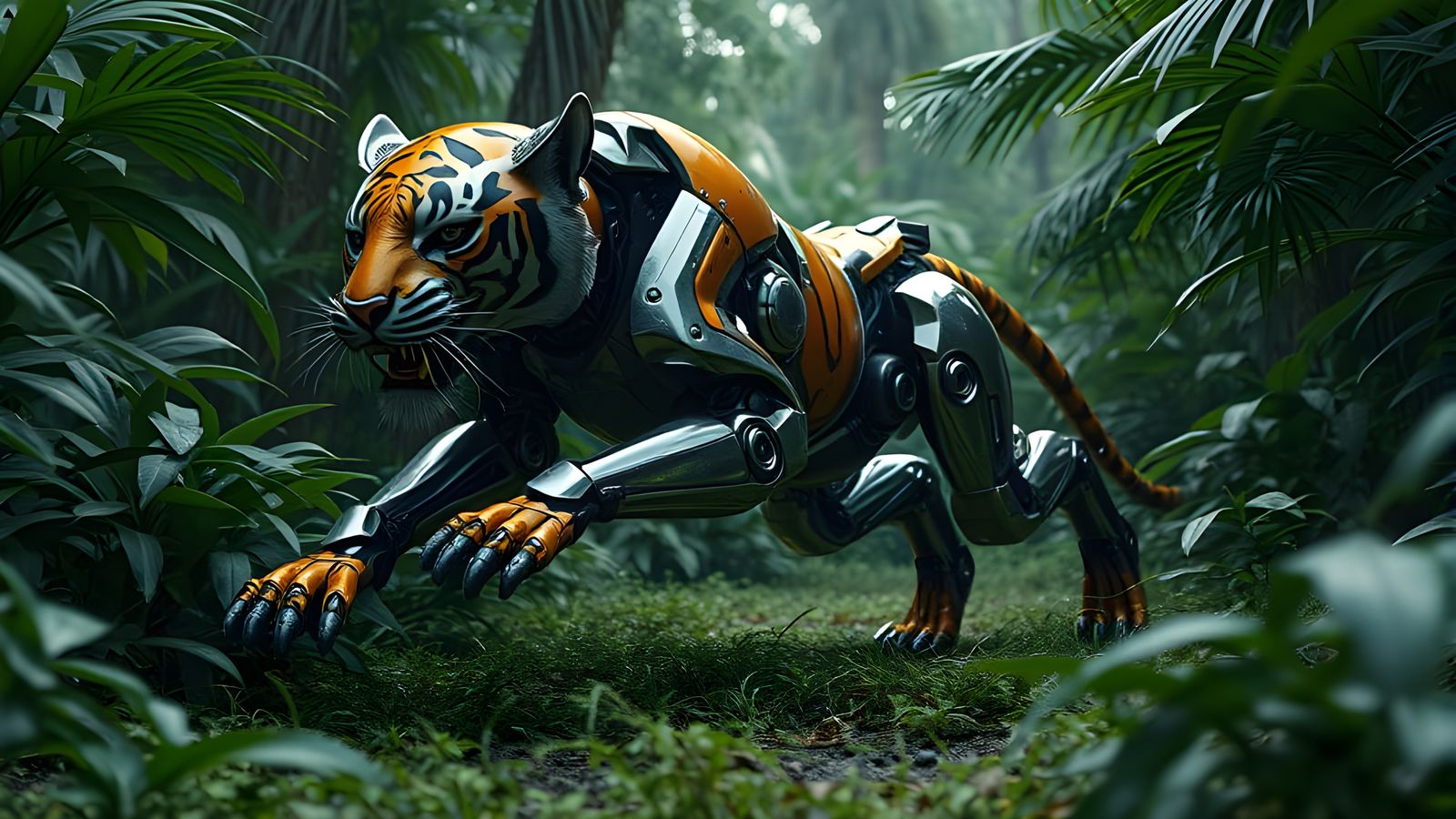 Futuristic Robot Tiger in Jungle, Sci-Fi Cinematic