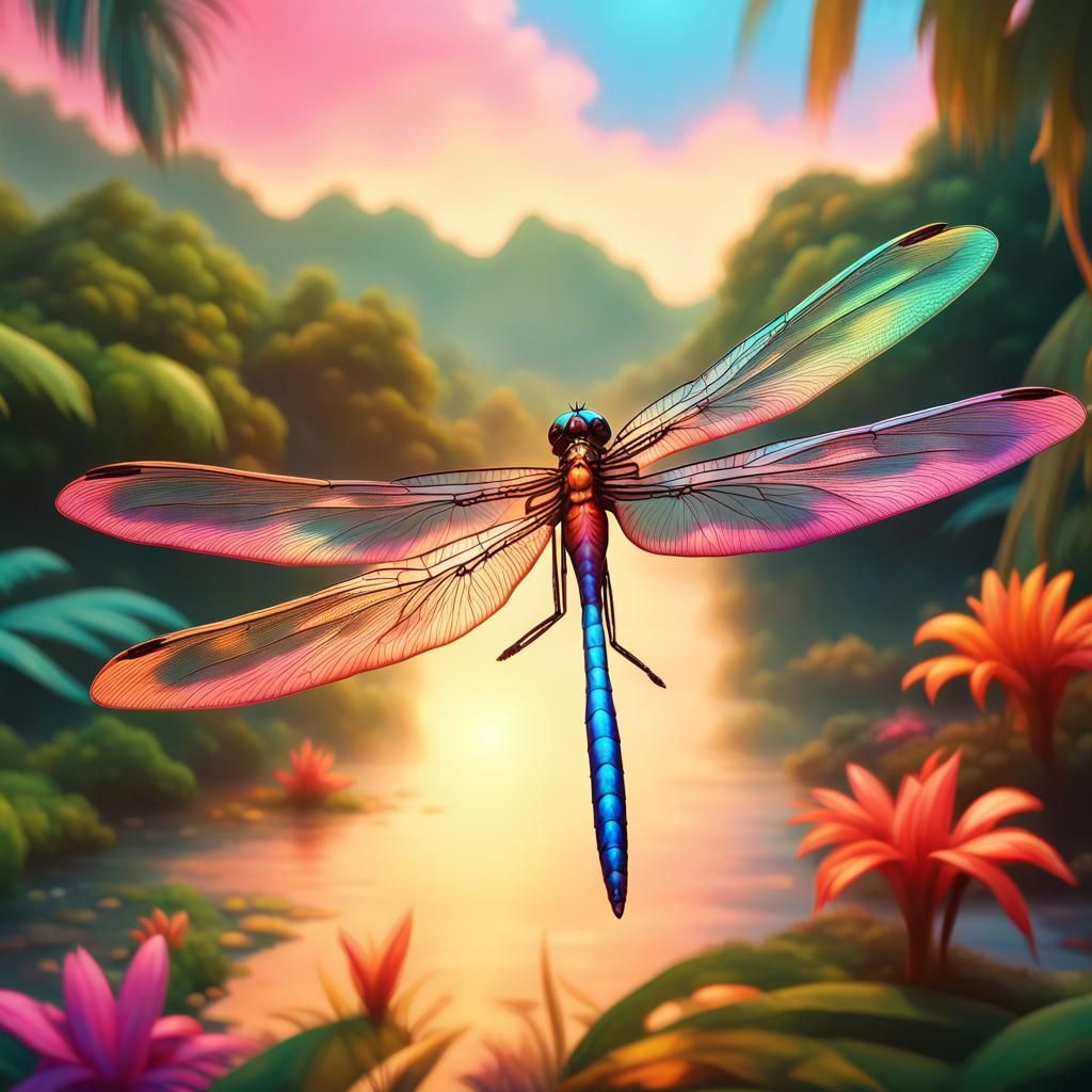 Dragonflies in Hyperrealistic Rainforest Scenery