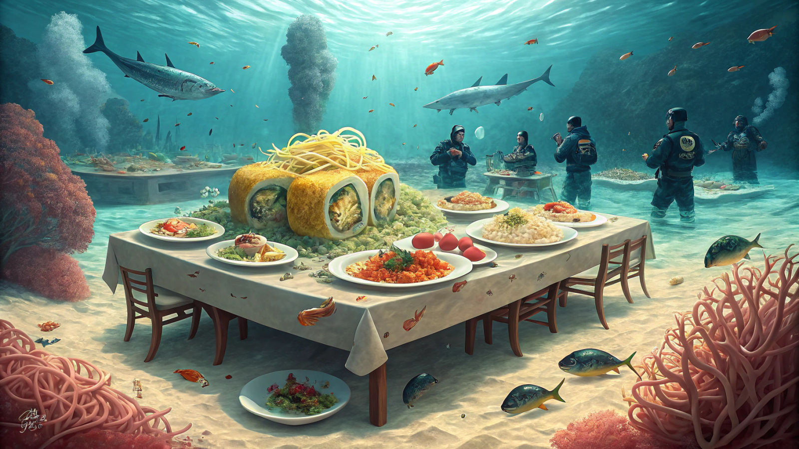 Surreal Underwater Banquet Scene in Hyperrealistic Detail