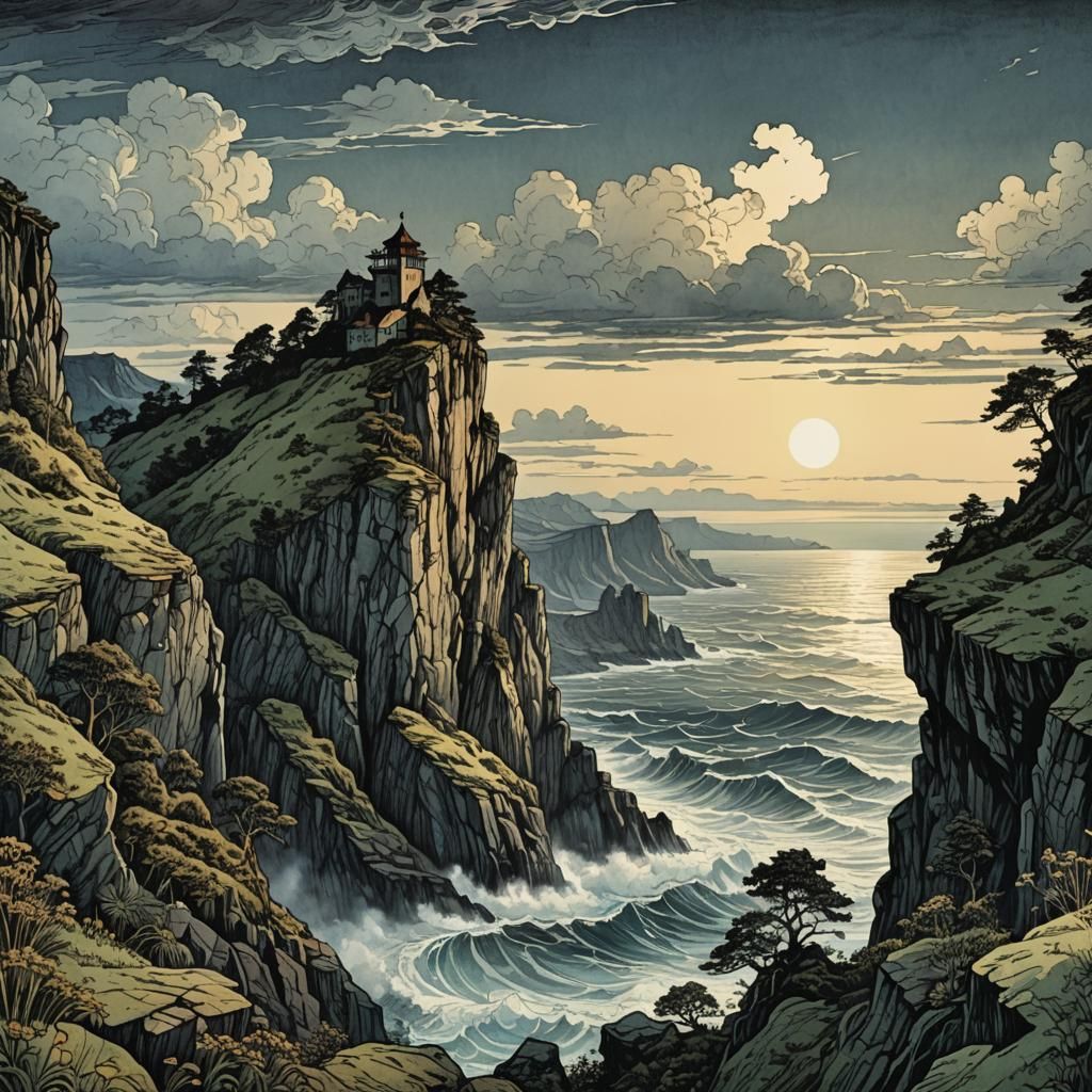 Cliffside Ocean View at Dawn in D&D Style