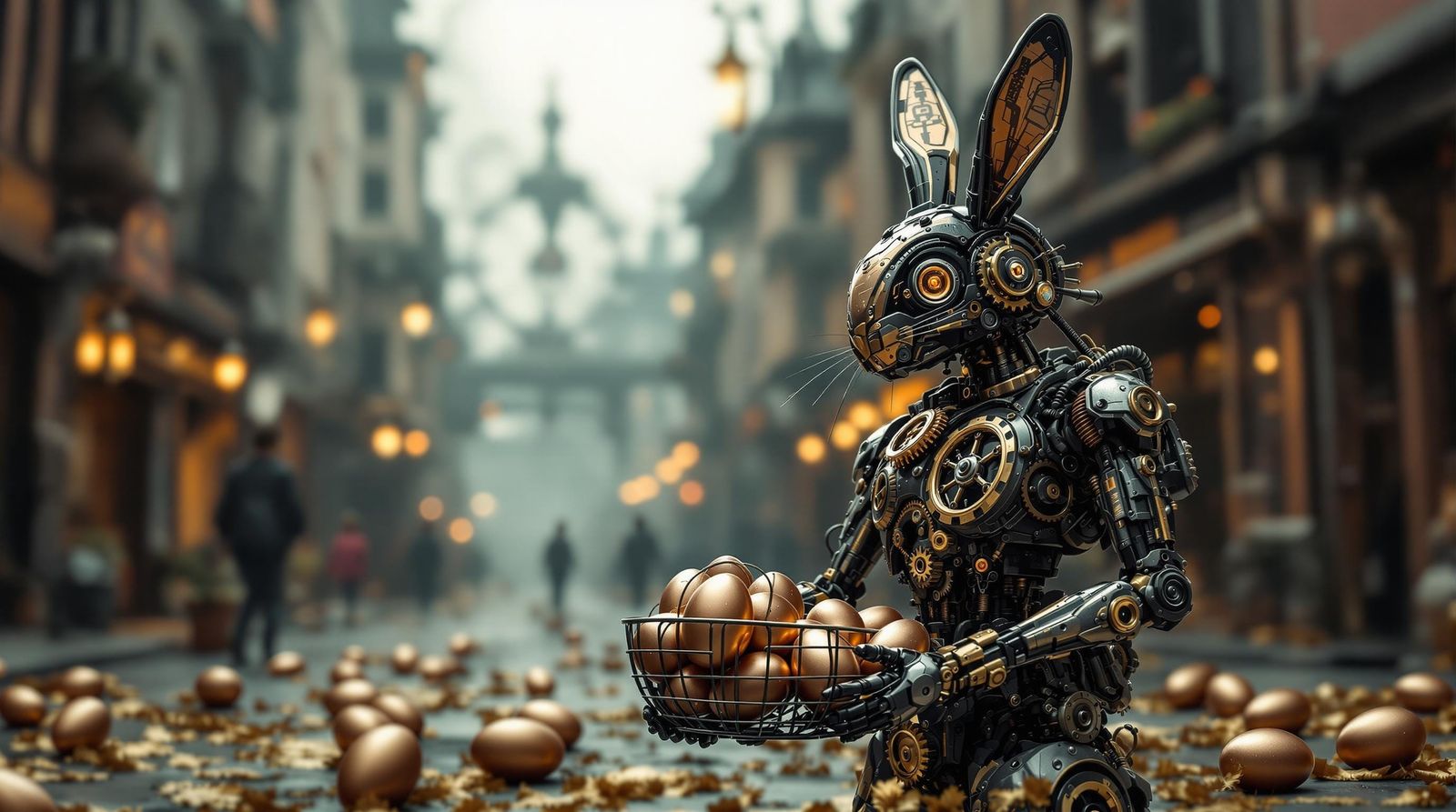 Steampunk Easter Bunny Android in Victorian City