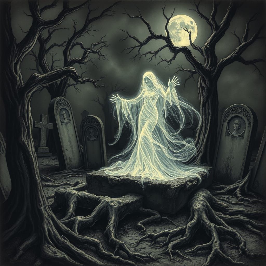 Ghostly Spirit Rises from a Haunted Graveyard in Moonlit Boo...