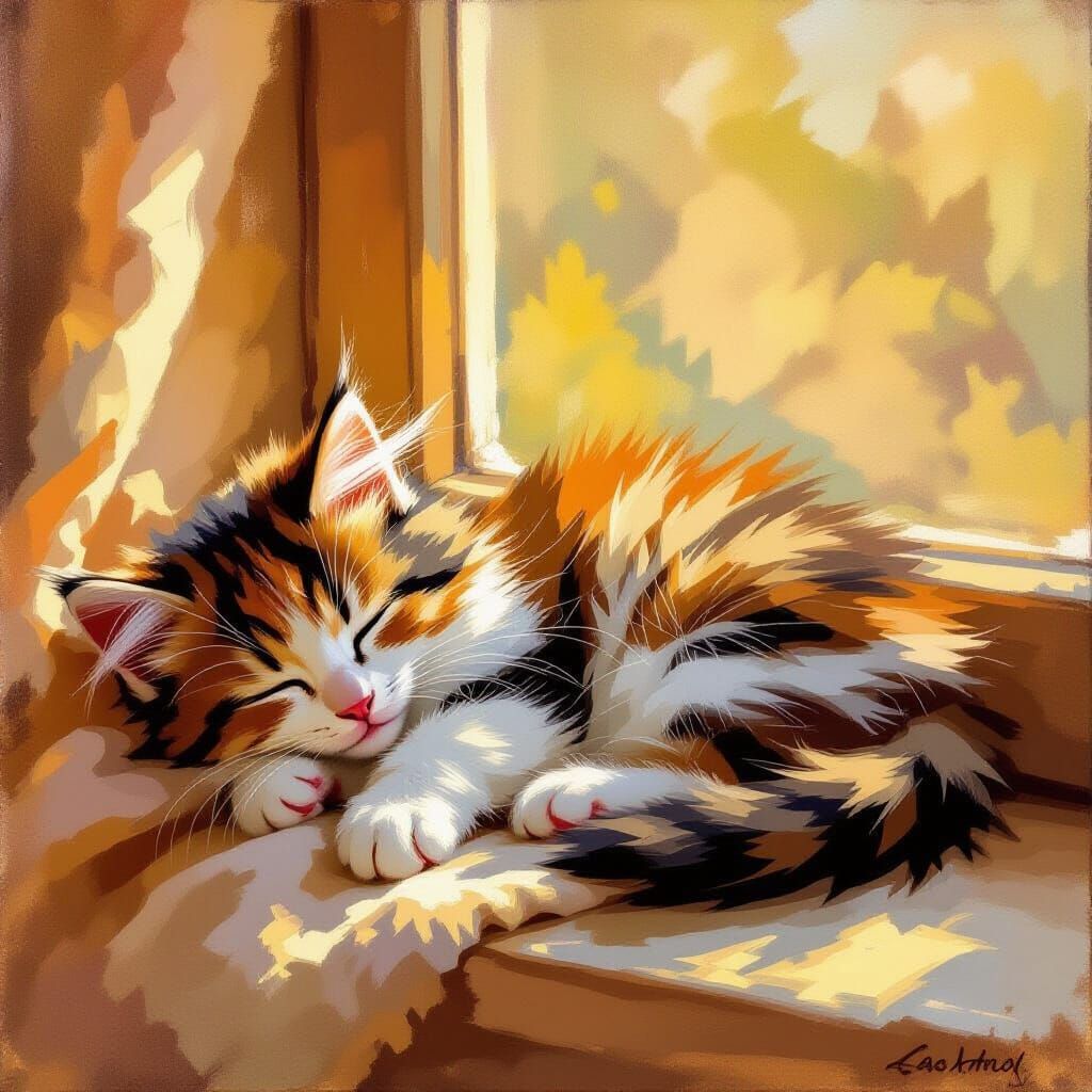 Fluffy Calico Kitten Asleep on Sunlit Windowsill