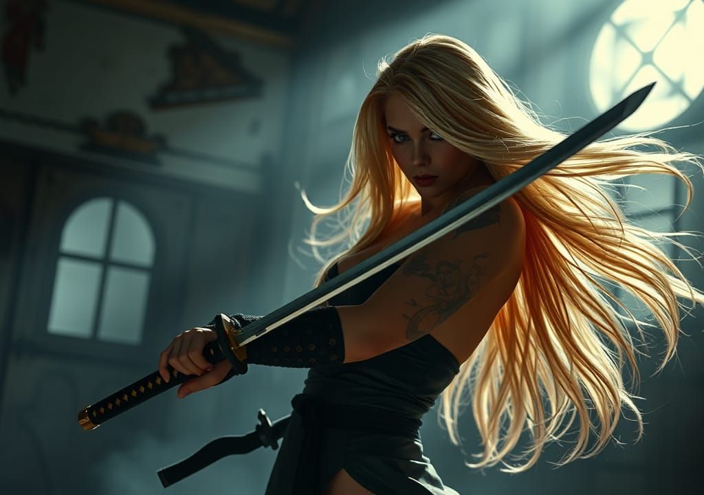 Female Latex Assassin in Mist with Samurai Sword