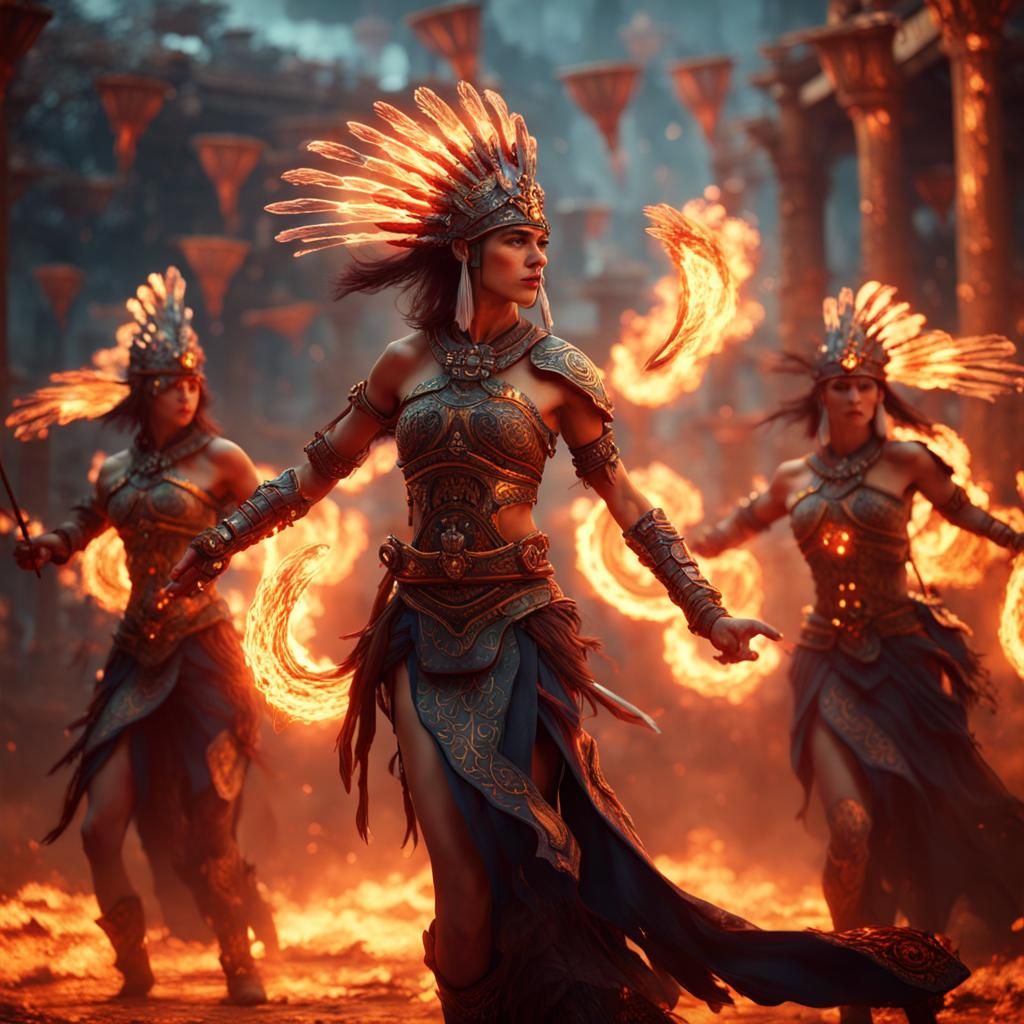 Warrior Women Dancing with Fire Fans