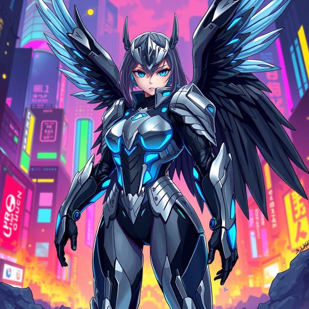 Futuristic Female Warrior in Dystopian Cityscape