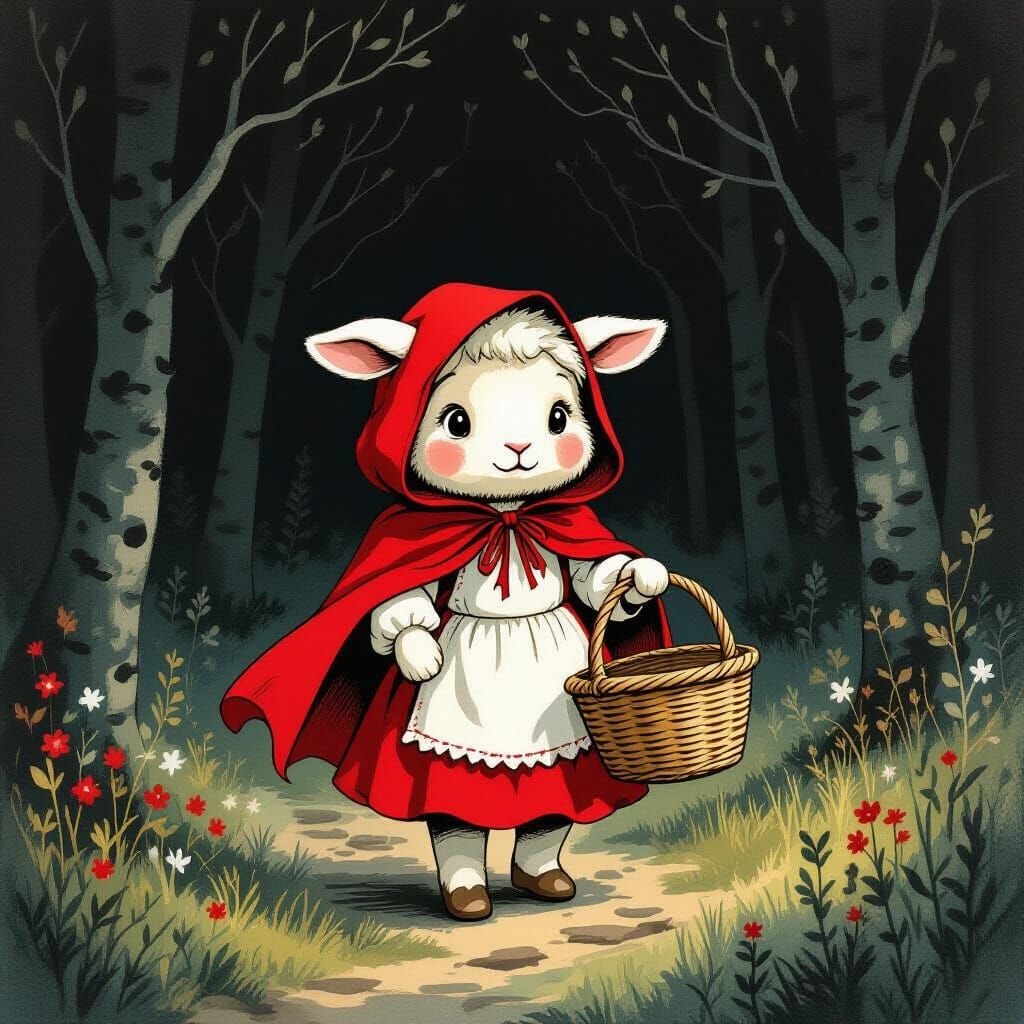 Lamb as Red Riding Hood in Mystical Forest