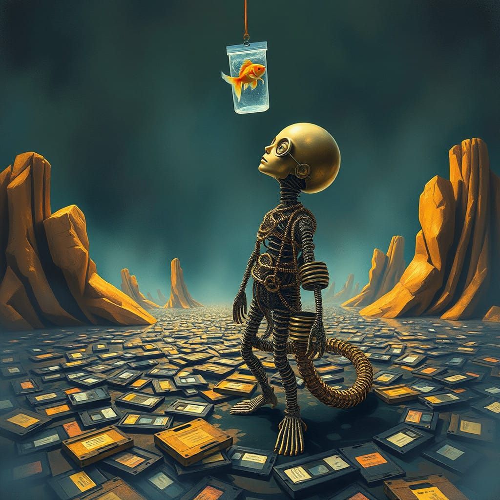 Metal Slinky Being in Surreal Landscape