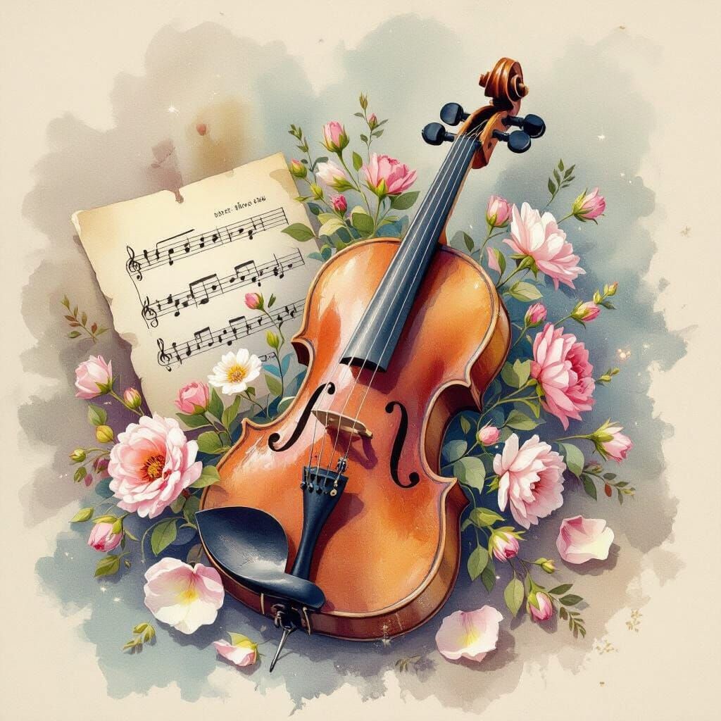 Ethereal Violin Sketch with Flowers and Music Score