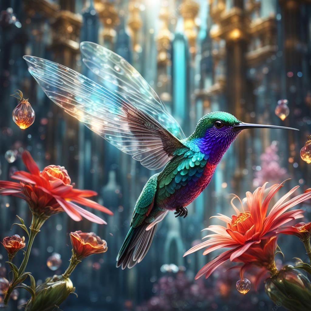 Glass Hummingbird with Crystal Flower: Digital Art