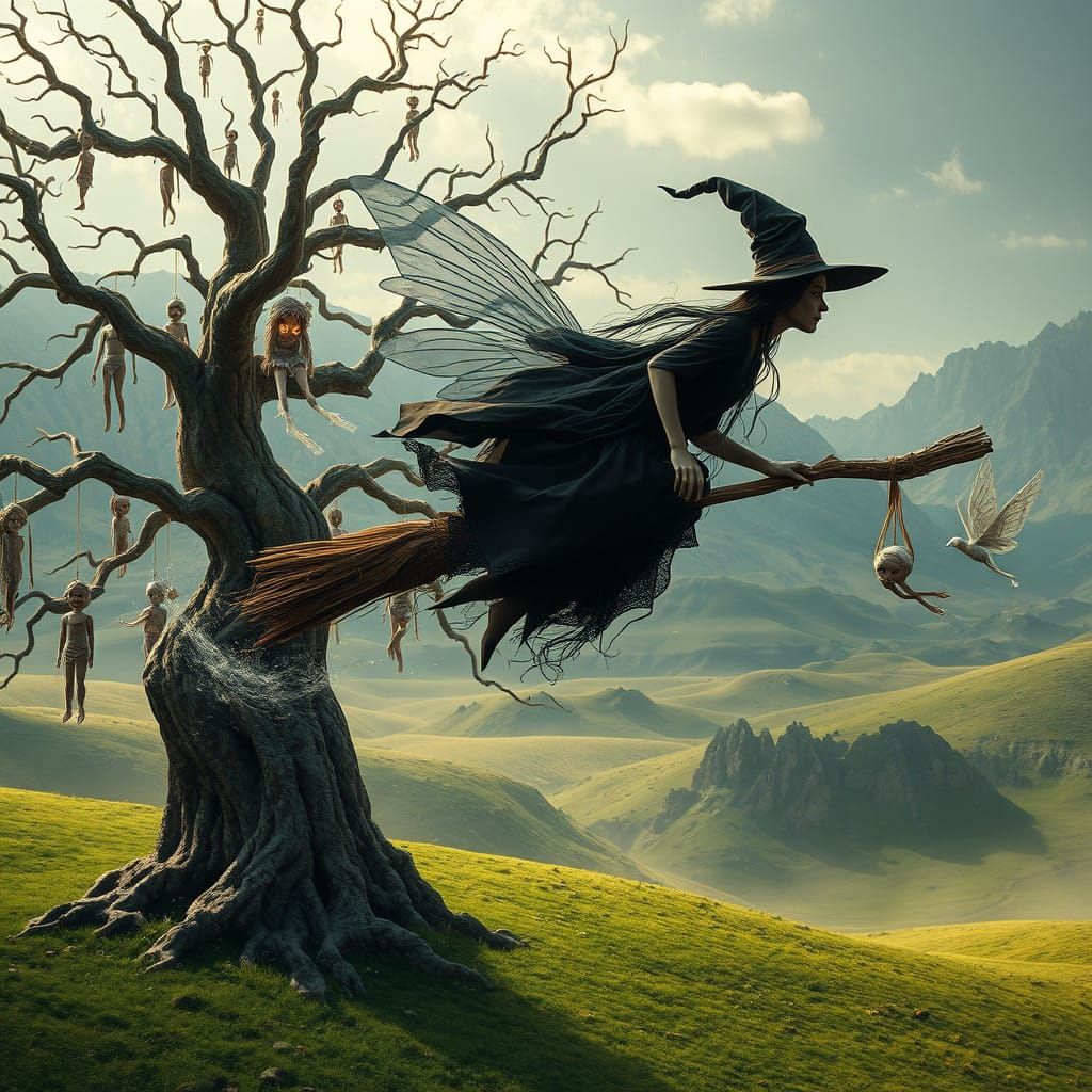 Whimsical Witch Rides Broomstick Over Majestic Tree