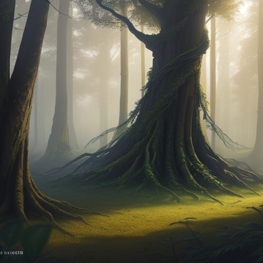 Surreal Forest Scene in Vibrant, Mystic Colors