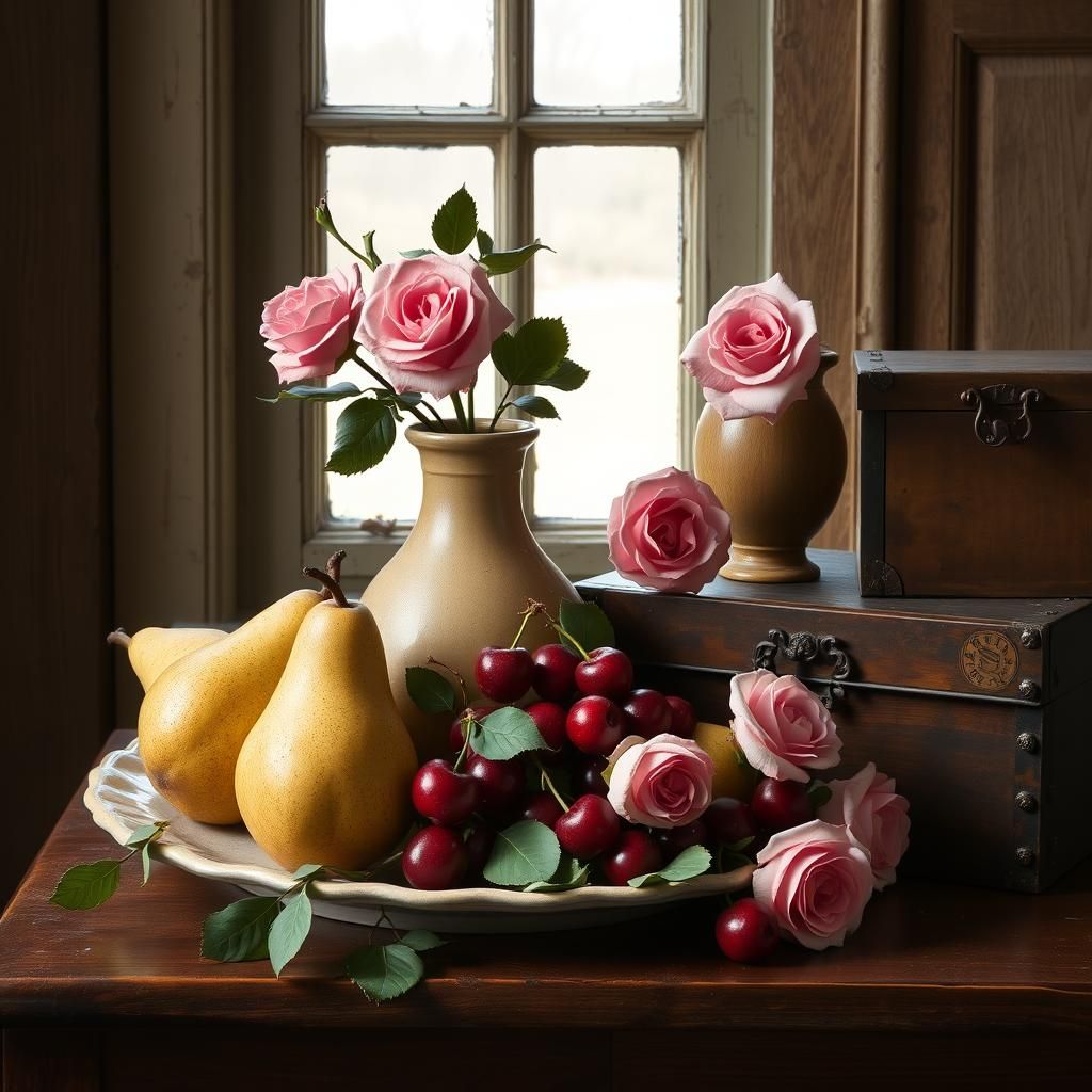 Still Life with Pears, Cherries, and Roses