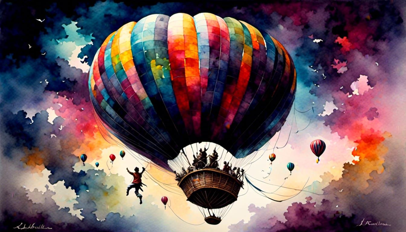 Expressive Watercolor Hot Air Balloon on Black Canvas