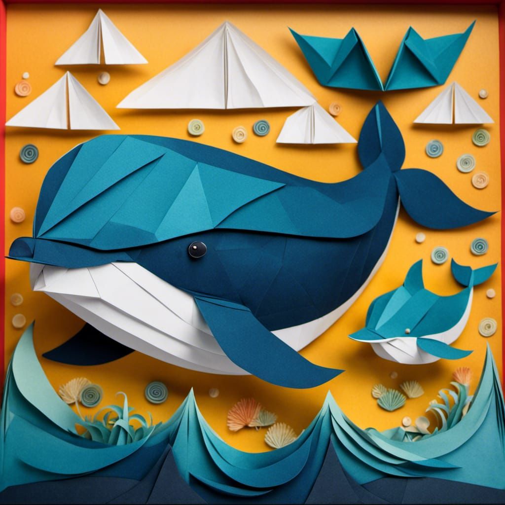 Whale Family Seascape in Origami Style