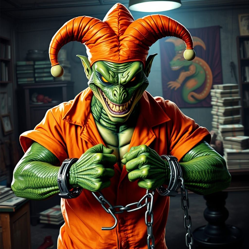 Cyberpunk Supervillain with Reptilian Skin and Medieval Jest...