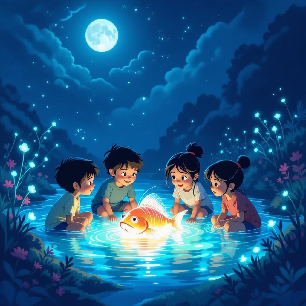 Children and Bioluminescent Anglerfish, Ghibli-esque Concept...