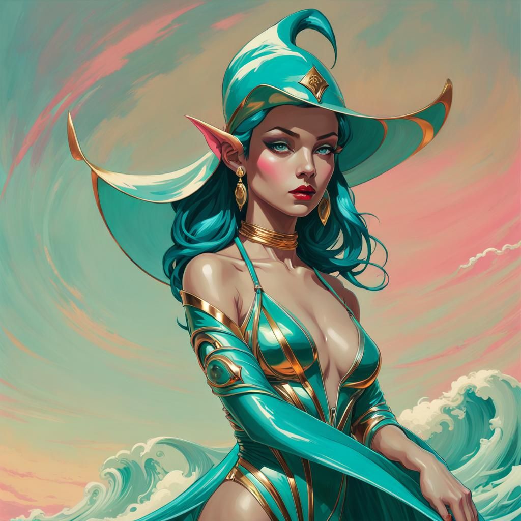 Turquoise Goblin Warlock Surfing Teal Waves