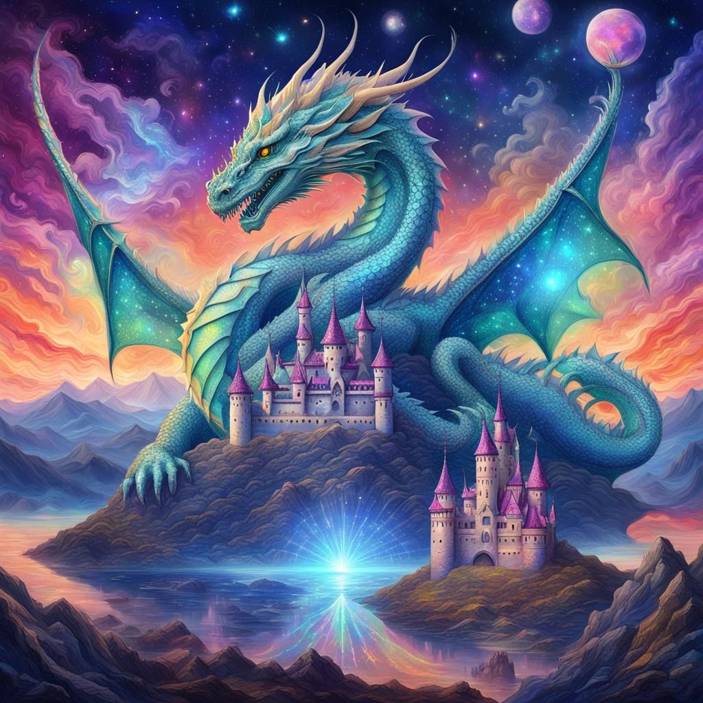 Crystal Dragon and Castle in Cosmic Illustration