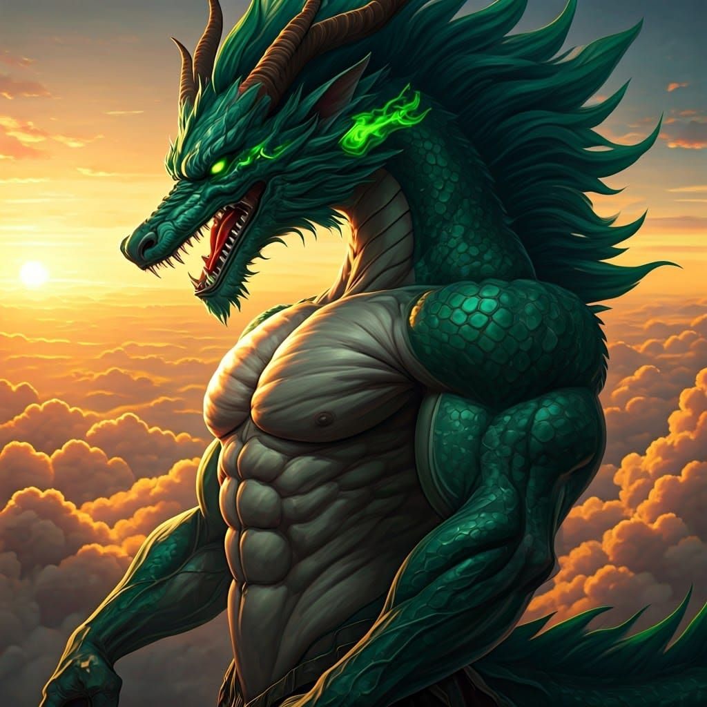 Majestic Eastern Dragon Soars Through Golden Sunset