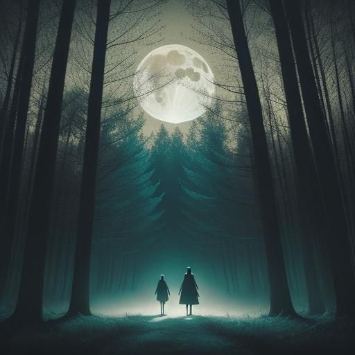 Ethereal Moonlit Forest Scene with Scared Children