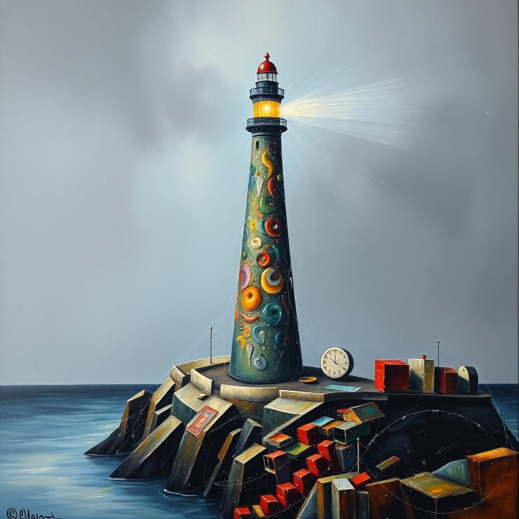 Surrealistic Lighthouse Amidst Melting Cityscape