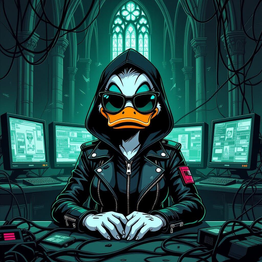Cyberpunk Donald Duck Hacker in Gothic Cathedral