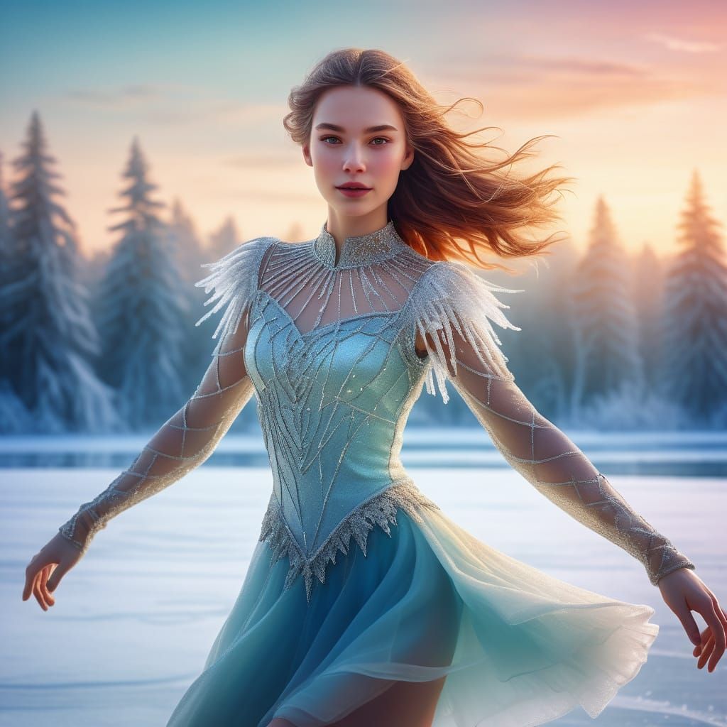 Elegant Art Nouveau Woman Ice Skating on a Majestic Lake