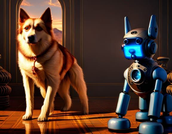 Hyperrealistic Robot Dog in Maxfield Parrish Style