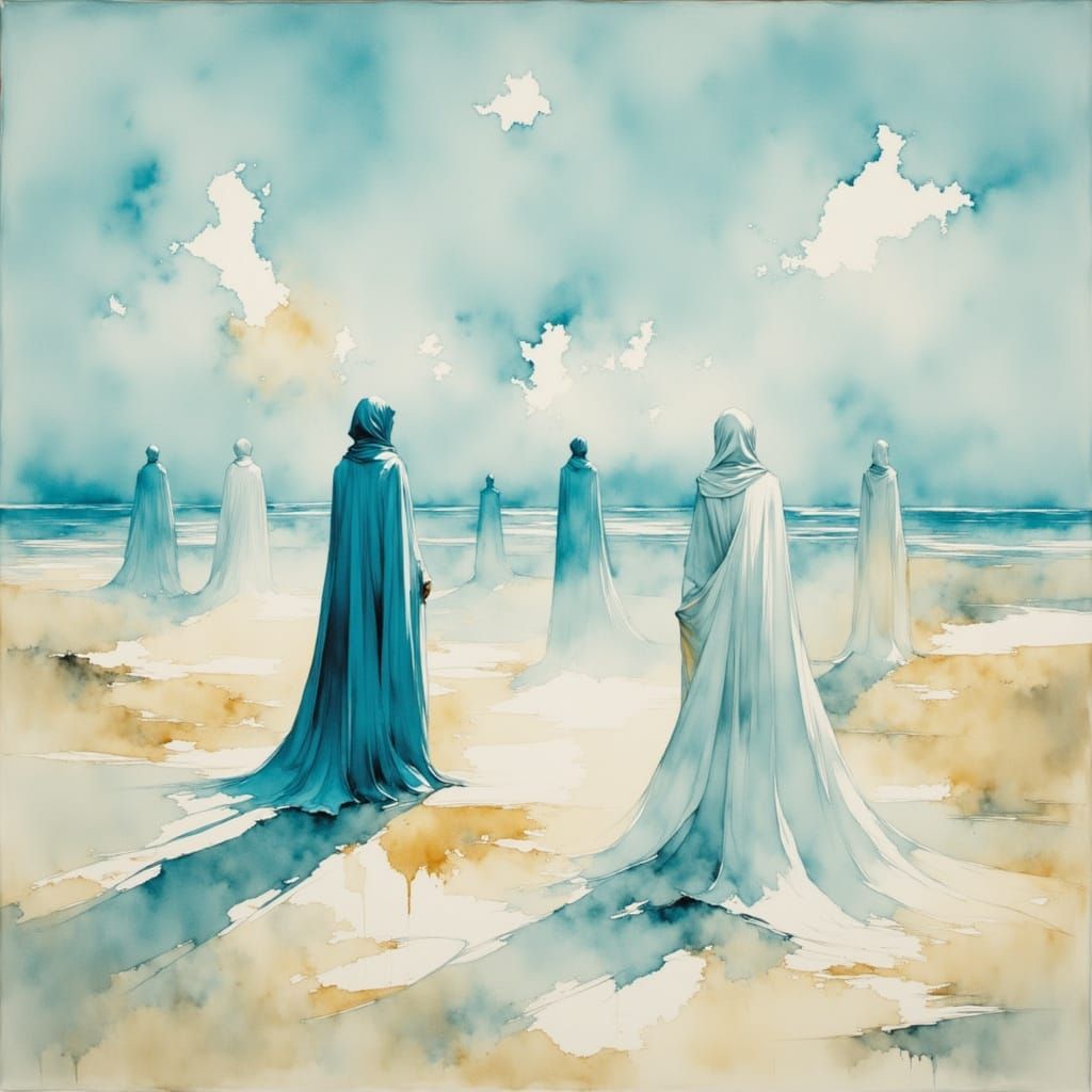 Ethereal Figures Rise from Desert Sands in Digital Acrylic