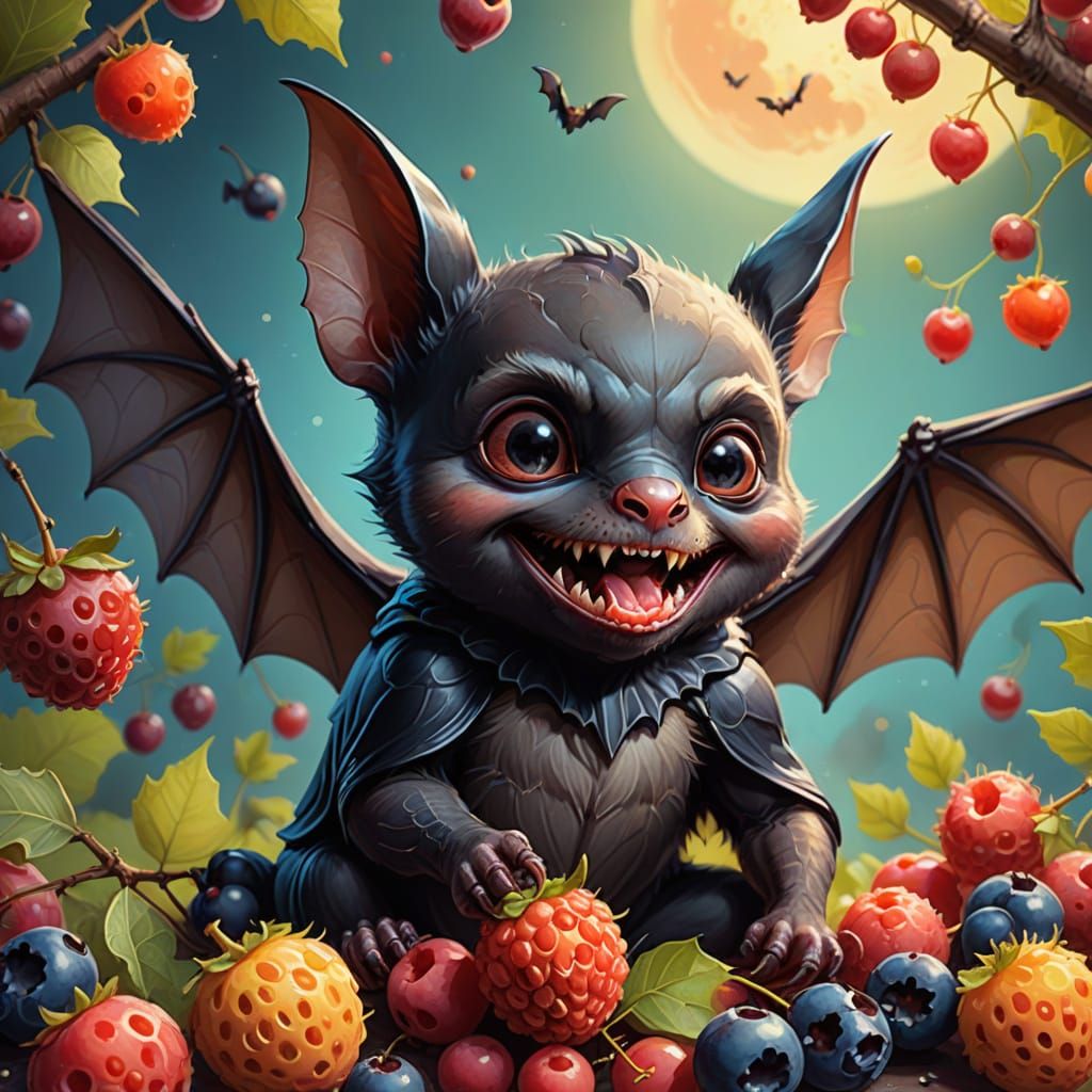 Charming Bat Enjoys Berry Feast in Digital Painting Style